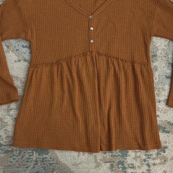PINKMSTYLE mustard orange V Neck Waffle Long Sleeve Shirt Button Front Size M - Picture 4 of 9